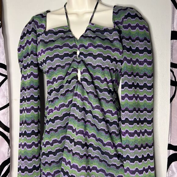 Vintage 90s Zara Green Purple Metallic Geo Striped Cutout Mini Dress Size M - Picture 2 of 11